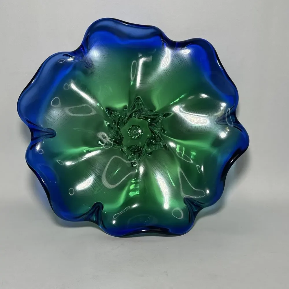 VTG Royal Gallery Cobalt Blue Green Art Glass Flower Platter Cake Rest Poland